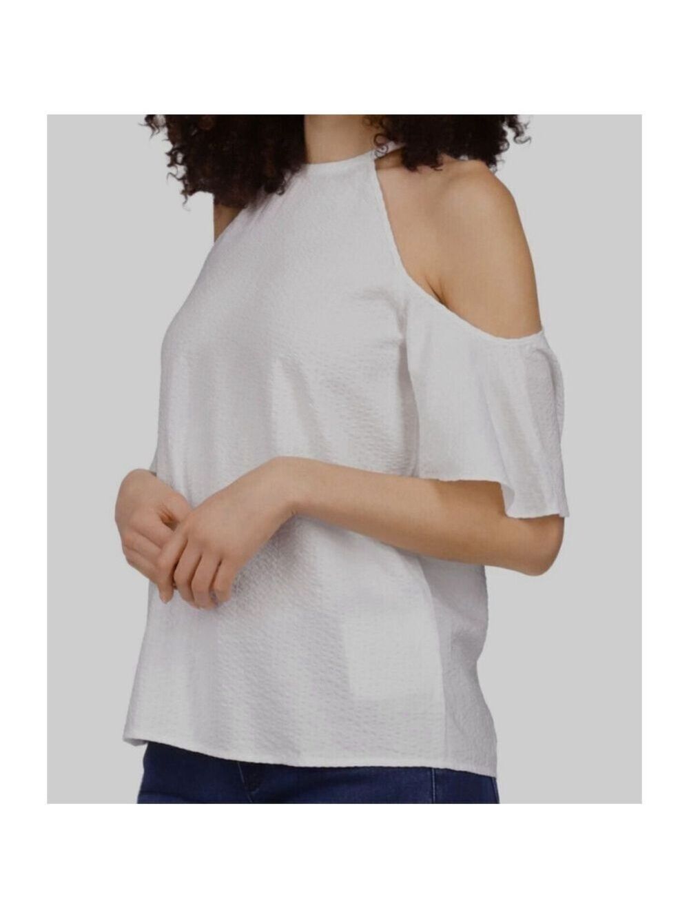 Michael Kors Women's White Seersucker Cold Shoulder Blouse Top Size L
